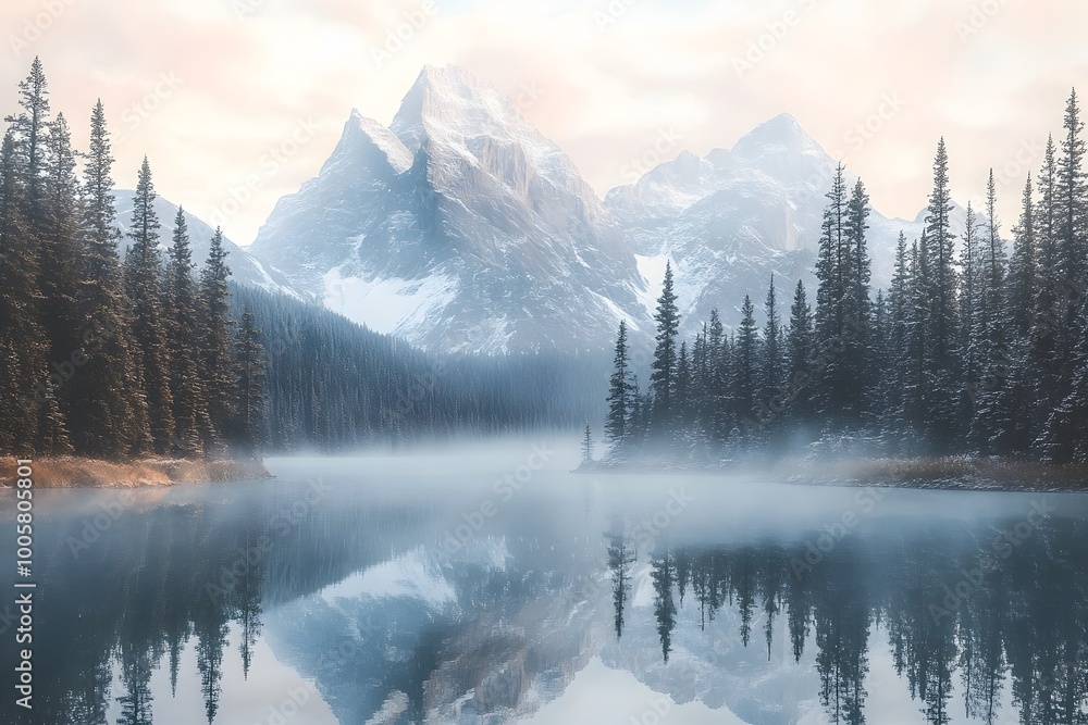 Poster serene alpine lake with a mirror like surface reflecting the towering snow capped peaks of the mount