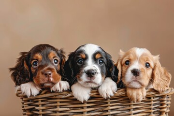 Three adorable puppies sitting in a wicker basket, looking curiously at the camera.