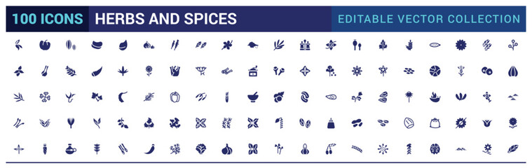 Herbs and spices solid icons set. Bundle of oregano, vanilla, rosemary, pepper and other. Vector pack filled symbols for website or mobile app design.