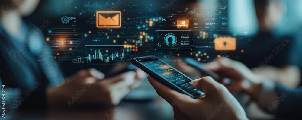 Poster close-up of hands using mobile devices with digital network interface in a modern technology setting
