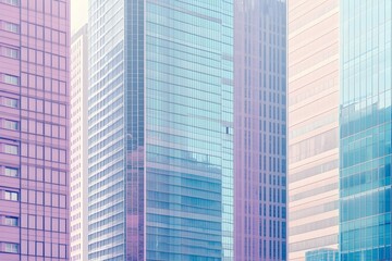 Fototapeta premium Captivating pastel colored cityscape featuring towering modern skyscrapers shimmering glass surfaces and refined architectural details presenting a visually striking and contemporary urban landscape