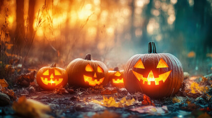 Spooky Halloween pumpkins glow in forest setting, surrounded by autumn leaves. warm light creates festive atmosphere, perfect for celebrating season