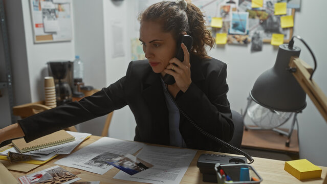 A focused young woman detective in an office, speaking on the phone amidst an investigation board and evidence.