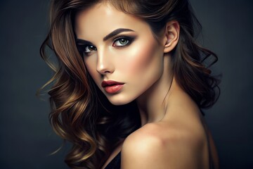 Naklejka premium This close-up portrait showcases a young woman with pristine skin, exuding a captivating blend of elegance, beauty, and