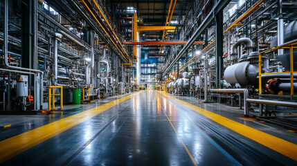 Obraz premium A large industrial building with many pipes and tanks. The space is very open and has a lot of light