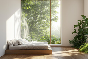 A bright hotel modern bedroom featuring a minimalist wooden platform bed, large window with views of lush greenery, and indoor plants, creating a serene and natural atmosphere