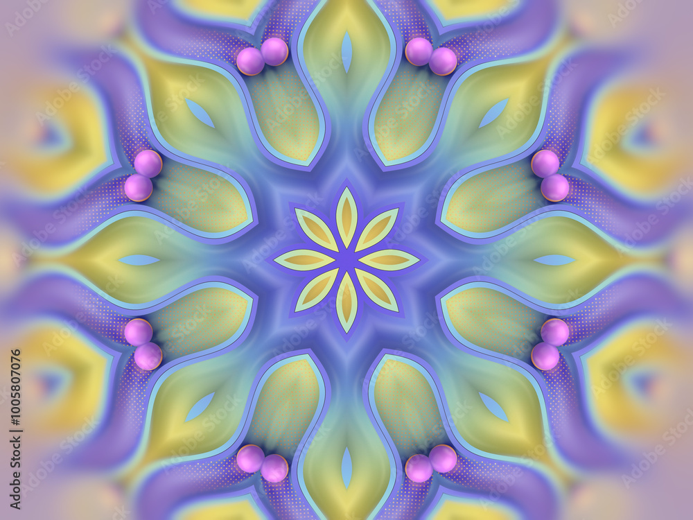 Leinwandbilder Kaleidoscopic pattern of shiny balls on a surface of winding grooves. 3d rendering digital illustration