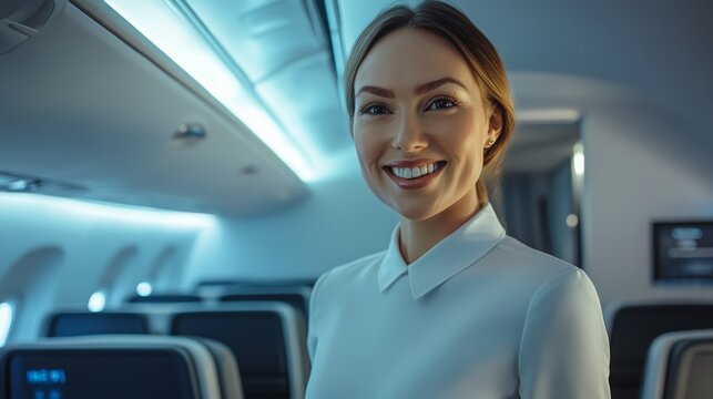 smiling stewardess in a crisp uniform, standing at the entrance of an airplane, welcoming passengers aboard