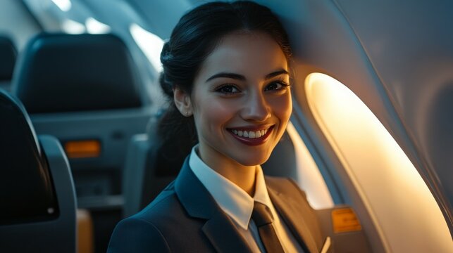 smiling stewardess in a crisp uniform, standing at the entrance of an airplane, welcoming passengers aboard