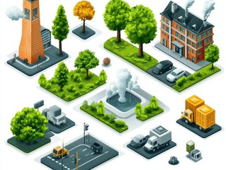 Pollution isometric set with water and air pollution symbols isolated on white background