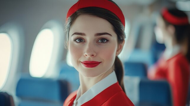 smiling stewardess in a crisp uniform, standing at the entrance of an airplane, welcoming passengers aboard