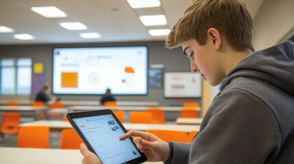 A student using a tablet for an interactive learning session in a modern classroom