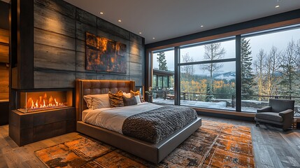 Fototapeta premium A modern rustic bedroom, complete with a fireplace and a breathtaking mountain view, feels both warm and scenic.