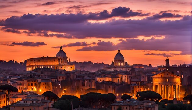 Silhouette of the Rome skyline with the Colosseum framed by warm orange and violet sunset, AI Generated