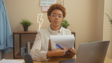 An african american woman reviews documents at home, creating an image of focused professionalism in a comfortable setting.