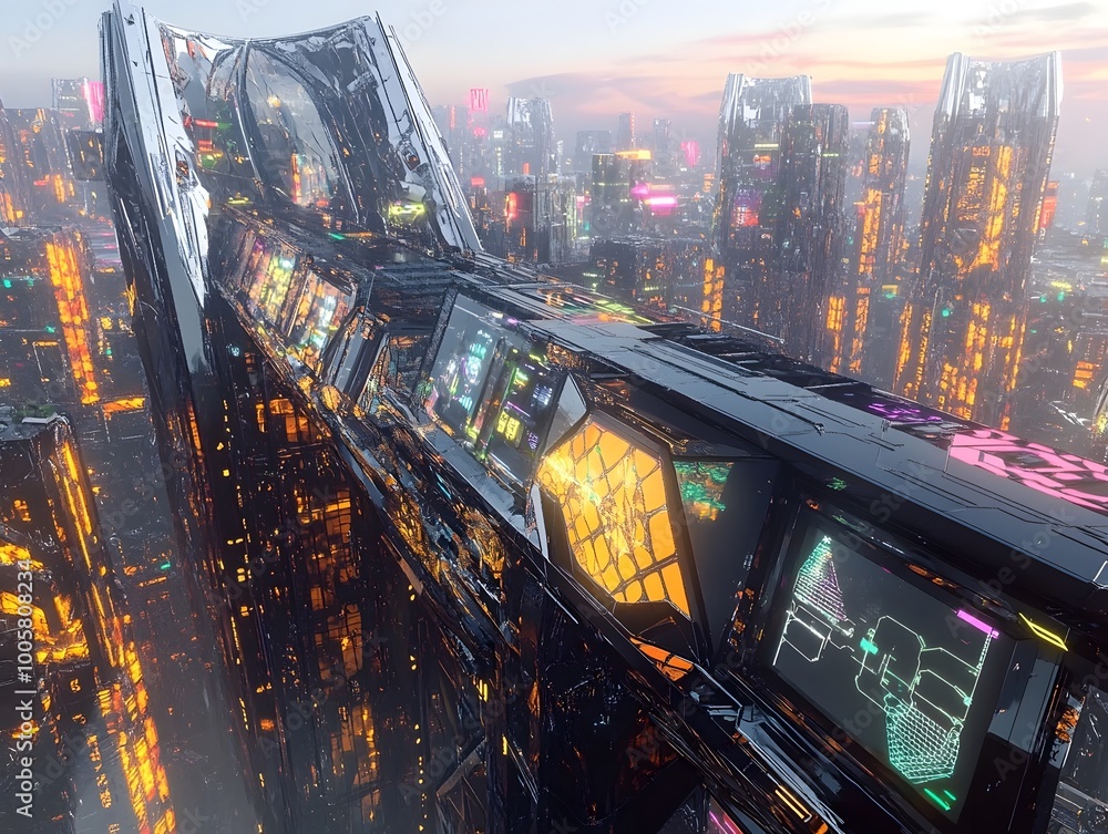 Poster futuristic metropolis with gleaming architectural structures and geometric patterns adorning elevate
