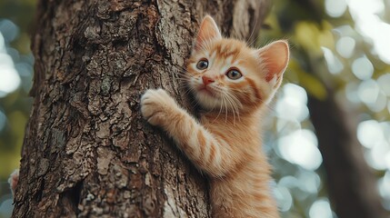 A playful ginger kitten climbs a tree trunk, its curious nature on full display in the great outdoors.