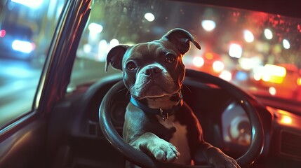 Naklejka premium Cute Dog Driving at Night in the City