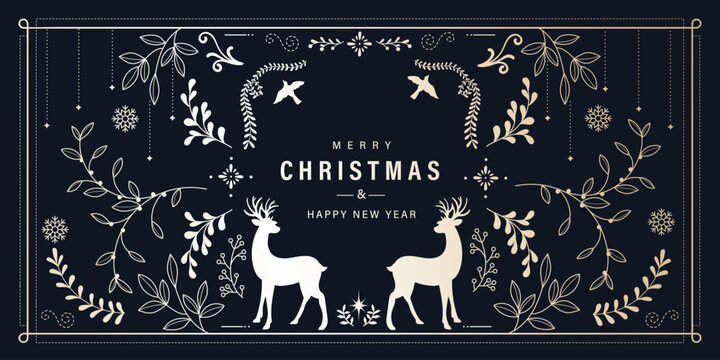 Naklejki Luxury Christmas and Happy new year background folk design vector. Elegant hanging bauble, leaves branch, reindeer, snowflake on navy blue background. Design for wallpaper, banner, cover, website.