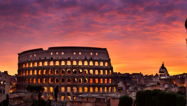 Silhouette of the Rome skyline with the Colosseum framed by warm orange and violet sunset, AI Generated - Powered by Adobe