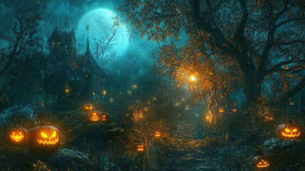 Fototapeta premium spooky Halloween scene featuring glowing jack o lanterns along misty path, with haunted house in background and full moon illuminating eerie atmosphere