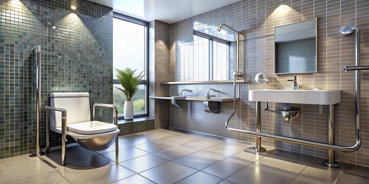 This modern bathroom highlights shiny metal grab bars and tiled walls, illuminated by abundant natural light, making it