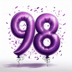 Purple birthday / anniversary balloon, number 98, white background with confetti