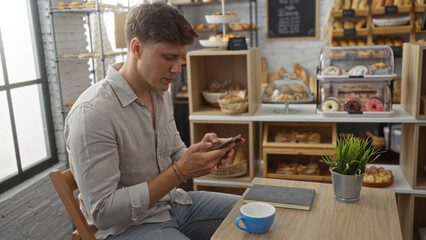 Young man using smartphone in cozy bakery surrounded by shelves of baked goods with a notebook, cup, and plant on the table