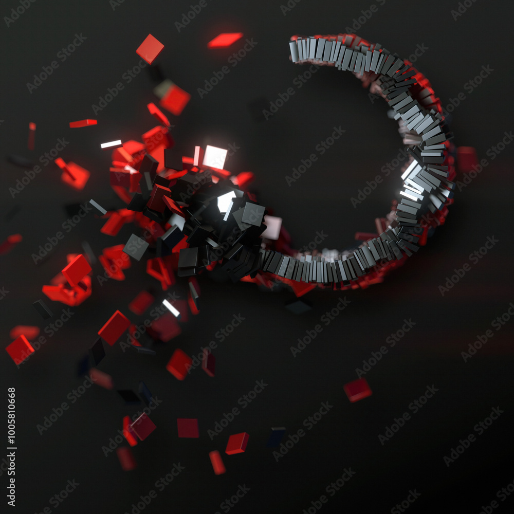 Poster composition of intertwined red and black metallic shiny rectangles. 3d rendering digital illustratio