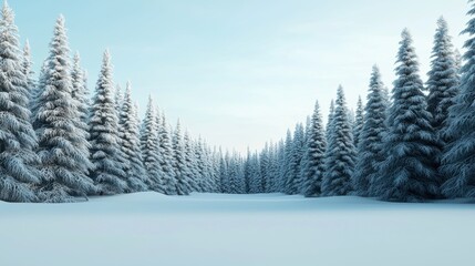Obraz premium Snowy winter landscape with tall evergreen trees and clear blue sky.
