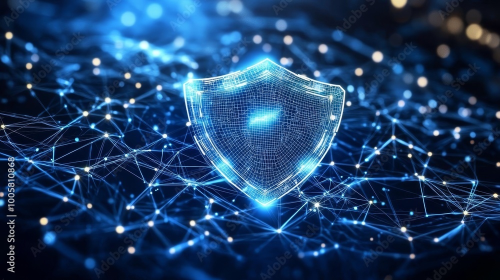 Aufkleber digital shield, technology security abstract background, blue network with connected dots and lines
