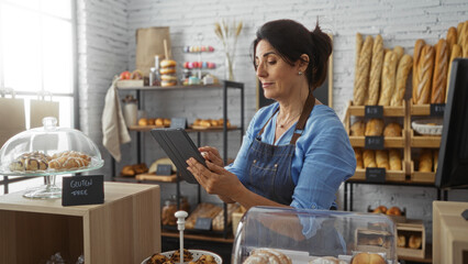 Woman working in a bakery with bread and pastries on display, wearing an apron and using a tablet in a cozy shop interior