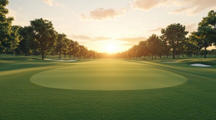 Sunset over a golf course with lush green grass and trees in the background.
