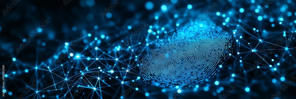 Poster abstract biometric data visualization with digital fingerprint on blue technology background.