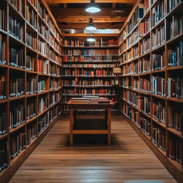 Timeless Knowledge A Classic Library Interior with Wooden Bookshelves Packed Full of Books