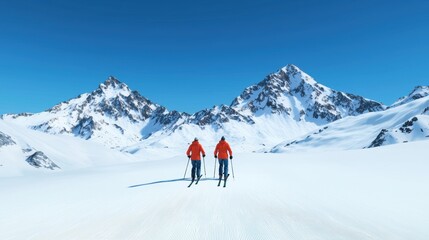 Two skiers traverse a snowy mountain landscape under a clear blue sky.