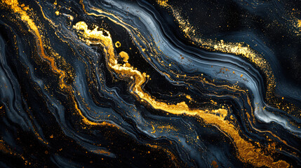 Black and gold wavy pattern with lots of gold stars and sparks. Thick textured oily paints mix with each other. Luxury design wallpapers