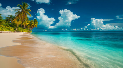 Fototapeta premium A beautiful beach with a palm tree in the background. The sky is blue and there are clouds in the background. The water is calm and the beach is empty
