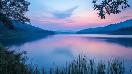 Obraz premium A beautiful view of Lam Takhong Reservoir during a tranquil evening.