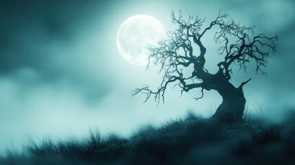 A haunting silhouette of a twisted tree under a full moon in a misty landscape.