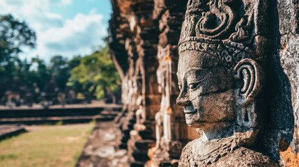 Obraz premium A close-up view of the ancient stone carvings at Phimai Historical Park.