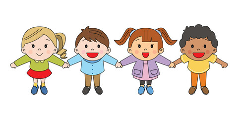 Children holding hands looking up happy and smiling in different races cute kawaii illustration japanese cartoon style drawing decorative isolated vector