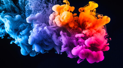 Obraz premium A bright chemical cloud burst. Multicolored clouds of smoke on a black background. Blue, orange, pink and purple ink mix in the air. The abstract smoke cloud turns out to be very thick