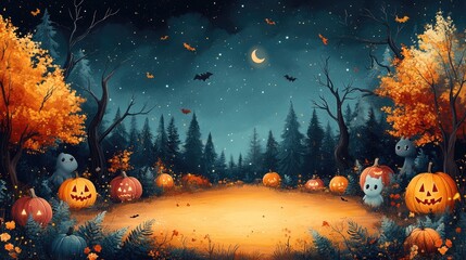 A fun and spooky Halloween worksheet design with colorful candy, spooky trees, and adorable monsters around the perimeter, leaving a clear central section open