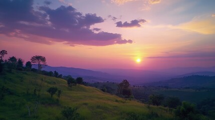 Obraz premium A peaceful sunset at the scenic Wang Nam Khiao hills, with vibrant skies and rolling landscapes.