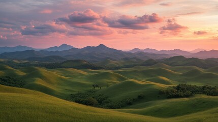 Fototapeta premium A peaceful sunset at the scenic Wang Nam Khiao hills, with vibrant skies and rolling landscapes.