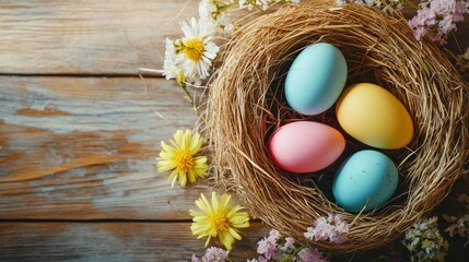 Happy Easter day scene with colorful eggs nestled in a natural straw nest, surrounded by spring flowers on a rustic wooden background. Ample copy space for text or greetings.