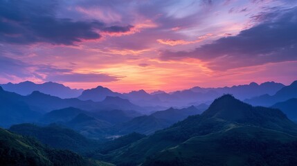 Obraz premium A peaceful sunset at the scenic Wang Nam Khiao hills, with vibrant skies and rolling landscapes.