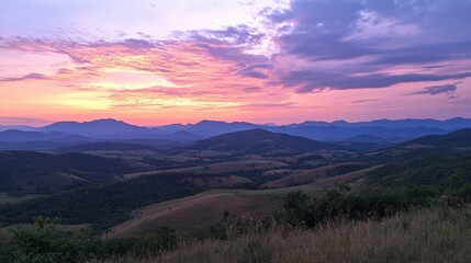Obraz premium A peaceful sunset at the scenic Wang Nam Khiao hills, with vibrant skies and rolling landscapes.