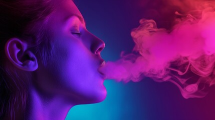 Fototapeta premium Woman is smoking a cigarette and the smoke is purple. The image has a mood of relaxation and leisure